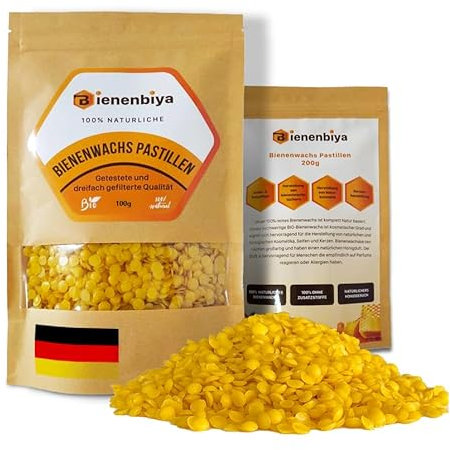 Bienenbiya® 100% Reine Bienenwachs Pastillen (100g) ohne Zusatzstoffe, natürliches Beeswax für Salben,Kosmetika,Seifen,Kerzenherstellung und Leder-/Holzpflege