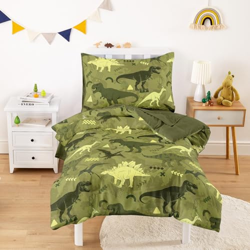 Wake In Cloud - Dinosaur Toddler Bedding Set for Boys, Jurassic Dino World Sketch, 4 Pieces Soft Crib Bed Set Including Comforter, Sheets and Pillowcase, Army Green
