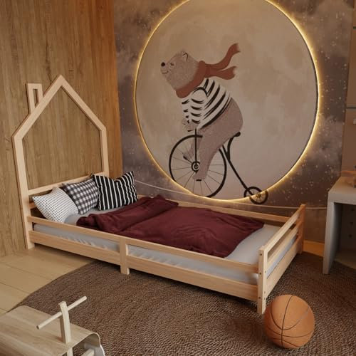 HAGO24 | Kinderbett Hausform | 90x200cm | Massivholz Kiefer | Lattenrost | Spielbett | Rausfallschutz | Einzelbett | Natur | Dach | Kinderzimmer