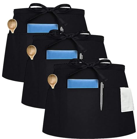 Ziyonix 3 Pack Black Waist Apron with 3 Pockets Waitress aprons for Women Man Long Straps Water Resistant Anti-dirt Waist apron kitchen Half apron for Cooking