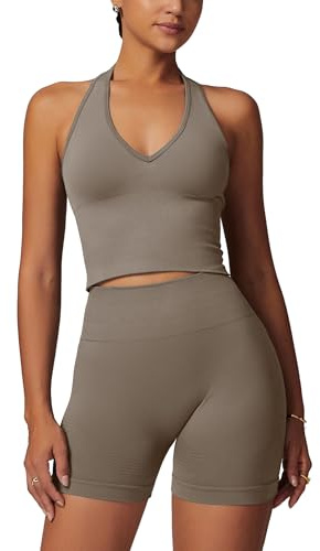 Odizli Sport Set Damen Neckholder V-Ausschnitt BH Top + High Waist Shorts Kurz Sporthose Outfit Sportset Sportanzug Frauen Sportbekleidung Fitness Yoga Gym Workout Sportkleidung Khaki S