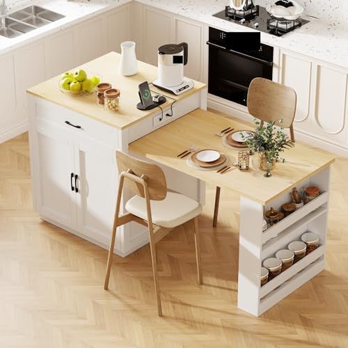 Kücheninsel mit ausziehbarem Esstisch für 4–6 Personen, zweifarbiges Design, reichlich Stauraum und Regale, perfekt für Ess- und Kochräume