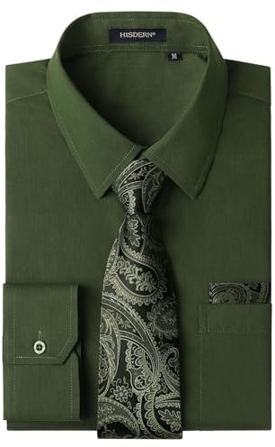 HISDERN Men's Green Shirts Long Sleeve Smart Formal Plain Dress Shirt and Tie Set Business Casual Wedding Regular Fit 4XL