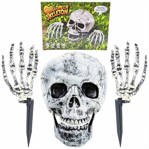OPVXZAD Halloween Deko Outdoor Skeleton Stakes Gruseliger Halloween Schädel mit Skelett Händen Halloween Skelett Garten für Garten Rasen Party Dekorationen