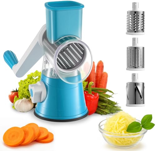 GREENSAPPIRE 4-in-1 Rotary Cheese Grater Mandoline Slicer with Container Handheld Vegetable Shredder for Hard Cheese, Nuts, Fruits & Carrots (Blue)