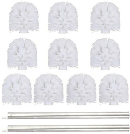 Toilet Brush Replacement Head with 2 Steel Handles Pack of 10 | White replacement brush head set; fits standard toilet brush holders; for bathroom cleaning