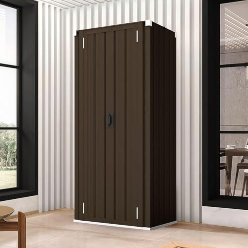 YODOLLA Tall Outdoor Garden Storage Cabinet with 3 Adjustable Shelves, Weatherproof Metal Cupboard for Garage Patio - Brown