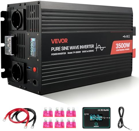 VEVOR Convertisseur Pur Sinus CC 12 V vers CA 230 V Onduleur Sinusoïdal Pur 3500 W, avec Écran LCD, Télécommande Filaire, Port USB et Type-C, 2 Prises CA, pour Camping-Car, Voiture, Système Solaire
