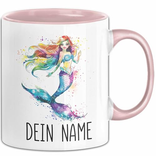 Meerjungfrau Tasse mit Namen – Personalisierte Tasse Geburtstag Geschenkidee süßes Meerjungfraumotiv Namenstasse (Rosa)