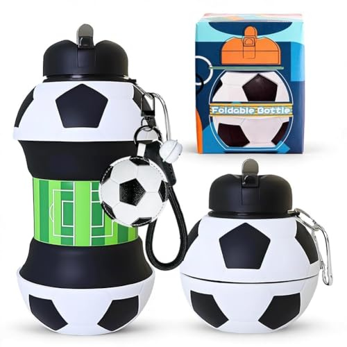 GVMJHYK Borraccia in silicone da 550 ml a forma di pallone da calcio Bicchiere pieghevole con portachiavi, borraccia pieghevole sportiva, a tenuta stagna