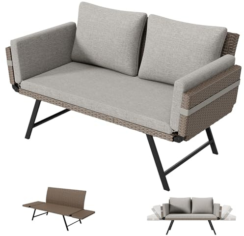 BYYBOU Gartensofa 2 Sitzer mit Liegefunktion, Verstellbare Couch klappbarer Armlehnen, Outdoor schlafsofa mit Kissen, Polyrattan Gartenbank Lounge Sofa für balkonmöbel,Terrasse, Gartenmöbel (Hell)