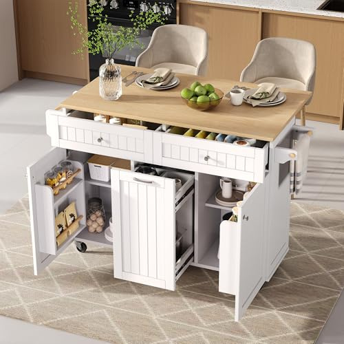 Httcg Kücheninsel Freistehend Küchenschrank mit Klappbarer Arbeitsplatte und Schublade, Buffetschrank Küchenwagen mit Rollen und Handtuchhalter, Küchentheke Schrank Weiß mit Regal, 139.5x40-70x92 cm