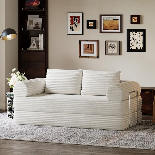 Novilla Schlafsofa 200cm Breit, Cord Sofa Bed mit Schlaffunktion 2 Sitzer | Boneless Couch mit Smarts Coil®-Stützung und Hochdichtem Schaumstoff für Wohnzimmer, Apartment, Schlafzimmer, Sandfarben