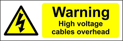 Warning High voltage cables overhead Safety sign - Self adhesive sticker 150mm x 50mm