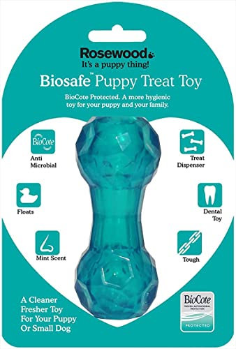 Rosewood tough puppy toy dumbbell shaped treat dispenser dog toy for small dogs and puppies made of tough material, mint scented, blue