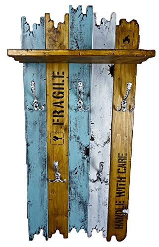 SHaBBy CHic ViNTaGe Holz Garderobe mit 5x3 Metallhaken blau braun weiß (HXBXT: 115x5ox15 cm) aus Echtholz/Massivholz im used look ... rustikal Landhaus Stil (alternativ: Gaderobe, Gardrobe)
