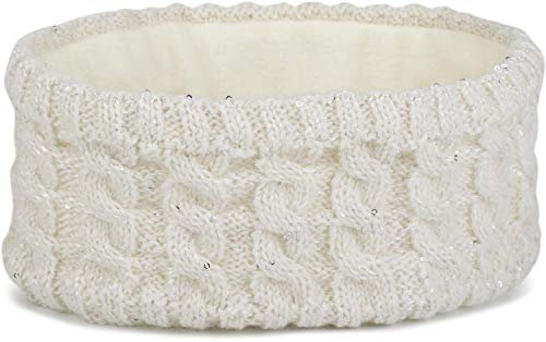 styleBREAKER Damen Strick Stirnband mit Zopfmuster und Pailletten, Fleece Futter, Haarband, Thermo Winter Headband 04026028, Farbe:Creme