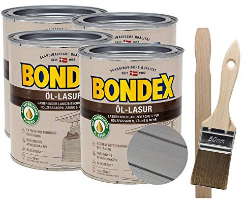 Bondex Öllasur 4 x 0,75 l premium Holzlasur aus natürlichen Ölen inkl. Pinsel und Rührholz der Langzeitschutz für Holz im Aussenbereich (metallic grau)