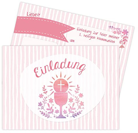 Papierdrachen 12 Einladungskarten zur Kommunion - Motiv Kelch rosa - Einladung zur Heiligen Kommunion für Mädchen und Jungen - DIN A6 - Set 2