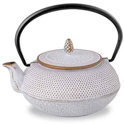 NOREN Roji Associates Théière en fonte, théière Nanbu Tekki, (type ARARE – ronde), fabriquée au Japon, avec passoire à thé, finition émaillée intérieure, théière, pot de couleur (600 ml/blanc)