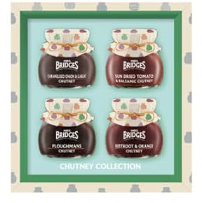 Mrs Bridges Mackays 4x100g Jars of Chutneys in Presentation Box Birthday Present Chirstmas Gift Ploughman's Caramelised Onion & Garlic, Beetroot & Orange Sundried Tomato & Balsamic