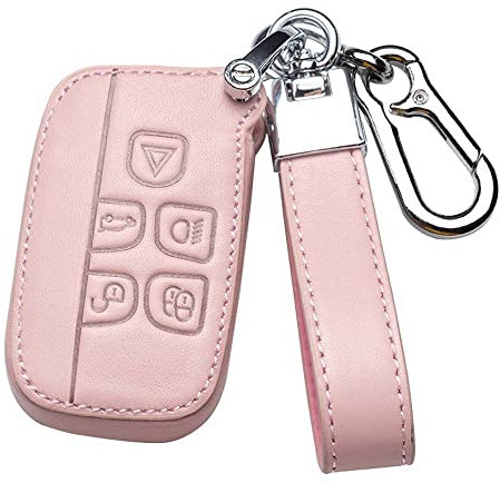 HIBEYO Étui de clé de Voiture Intelligent en Cuir de Vachette pour Land Rover LR4 Range Rover Sport Evoque Vogue Jaguar XF XJL Porte-clés 5 Boutons Rose