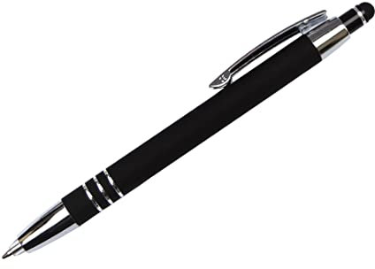 Schwarze Eleganter Kugelschreiber mit LED-Licht (leuchtender Spitze) Soft-Touchpen für Handy oder Tablet mit SOFORTGRAVUR + VORSCHAU: Gravur inklusive + Geschenkverpackung
