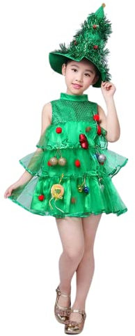 TMOYJPX Disfraz Vestido Navidad de Árbol de Navidad + Gorro para Niñas 3-16 años, Cosplay Conjunto Disfraces de Traje Iguales a Juego Espectáculos, Fiestas Escolares (Verde, 150)