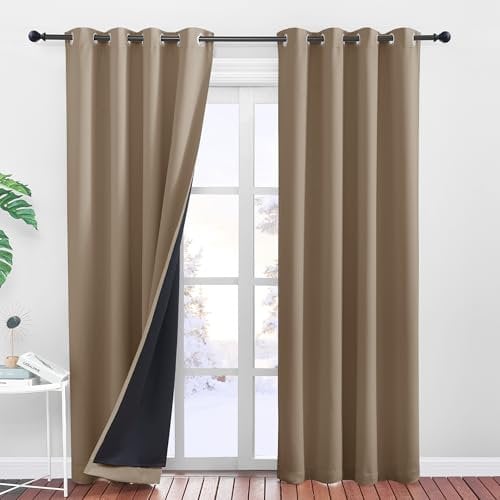 PONY DANCE Wärmeisolierende Vorhänge mit Ösen H 245 x B 140 cm Schlafzimmer Gardinen Blickdicht Ösenschal 2er Set Doppellagige Verdunklungsvorhänge Thermovorhänge gegen Hitze, Cappuccino