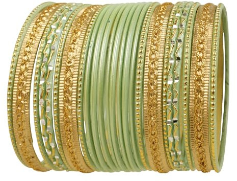 Touchstone „Bunte 2 Dutzend Armreifen Sammlung“ Indische Bollywood Pastell Pistazie Goldene Glasur Designer-Schmuck besondere Größe Armreifen Set von 24 in Gold Tone für Frauen.