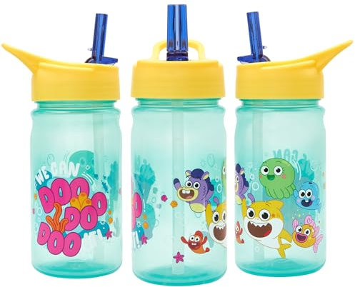 Baby Shark Big Show Water Bottle - Flip up Straw 380ml, Official Merchandise by Polar Gear, Kids Reusable Non Spill BPA Free Recyclable Plastic, For School Nursery Sports Picnic, Green & Yellow