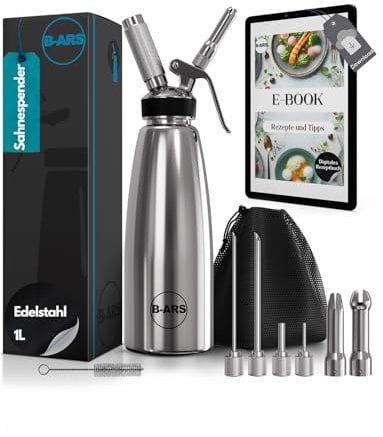 B-ARS Sifone Cucina Professionale Acciaio Inox 1L con Accessori Completi per Panna Montata Spume Salse Include Bocchette Spazzola Ebook Facile da Pulire per Uso Domestico