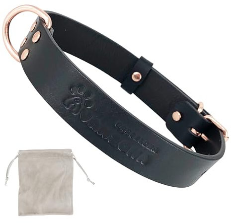 Dog Collar Leather, Quality Soft Leather, Handmade in Spain, Small Medium Large Dog. Black and Rose Gold.
