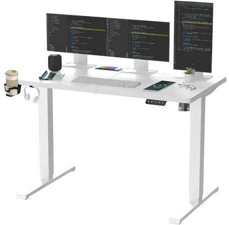 SANODESK QS1+140 * 60 Electric Standing Desk Height Adjustable Standing Desk With Memory Smart Panel Sit Stand Table With Hooks and Cupholder for Home Office (White Frame+ White Desktop)