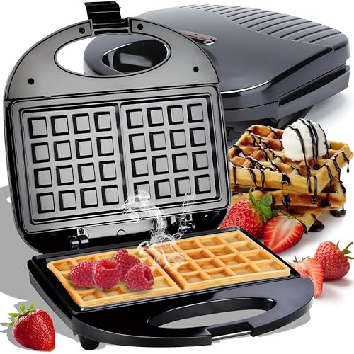 Retoo Gaufrier pour 2 gaufres belges traditionnelles - Puissance : 750 W - Moule de cuisson : 22,5 x 22,5 cm - Gaufrier compact classique au design fin - Plaque double gaufre 220 V - Noir