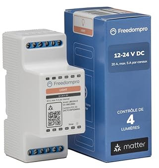 Freedompro DIN H Interruptor Relé WiFi para Luces Inteligentes, Controla 4 Luces, Compatible con HomeKit, Matter, Google Home, Alexa, Domótica, Mide el Consumo, 12V, 20A, para Cuadro Eléctrico