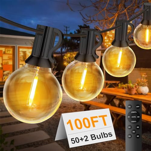 FUKOOLE 30M/100Ft Outdoor String Lights Mains Powered, 50+2 LED Garden Lights, Waterproof Festoon Outdoor, Warm White for Garden, Yard, Wedding, Terrace, Party, Patio