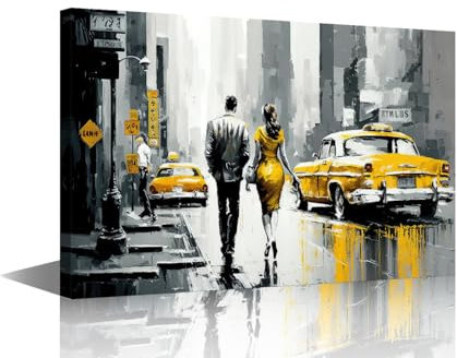 TISHIRON Street View of New York Wandkunstdrucke, Poster, gelbes Taxi, Mann und Frau, Ölgemälde, amerikanische Stadt, Leinwand, Wandgemälde für Wohnzimmer, Kinderzimmer, Schlafzimmer, gerahmt, 45,7 x