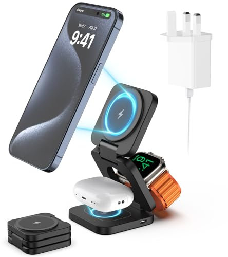 KU XIU Foldable 3 in 1 Charging Station for Apple, Fast Magnetic Wireless Charger Compatible with iPhone 15 14 13 12 Pro/Max/Plus, 5W for Apple Watch 9/8/7/6/5/4/3/2/SE/Ultra 2, AirPods 3/2/Pro-Black