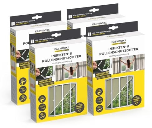 EASYmaxx Zanzariera antipolline per finestre con Magic Click | Tagliata su misura per tutte le finestre fino a 150 x 130 cm | Facile installazione con 12 magneti - senza forare o avvitare [4 Pezzi]