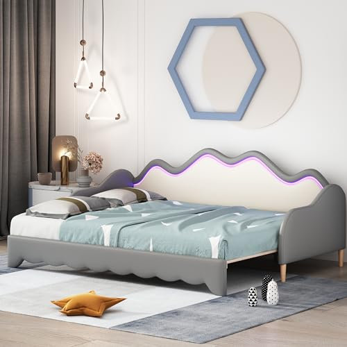 FEZTOY Kinderbett 90x190 Polsterbett mit LED-Beleuchtung, Einzelbett mit Ausziehbarem Bett, Schlafsofa mit Lattenrost, ausziehbett aus Kunstleder, Grau, Ohne Matratze