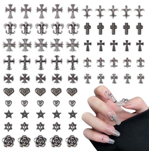 Youery 75 Stück Kreuz Nail Art Charms, 3D Metall Punk Nagel Kunst Anhänger, Vintage Nagelkunst Zubehör, DIY Nail Art Dekoration für Frauen Mädchen Nägel DIY Dekoration