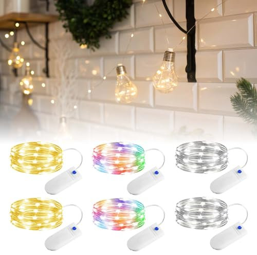 Lamptobe Guirlande Lumineuse LED,Mini Guirlande LED à Pile 20 LEDs,Mini Guirlande Intérieure LED 2m,Petites Guirlandes Lumineuses Piles pour Décoration Noël,Bouteille,Mariage,Fête,Chambre (6 Pièces)