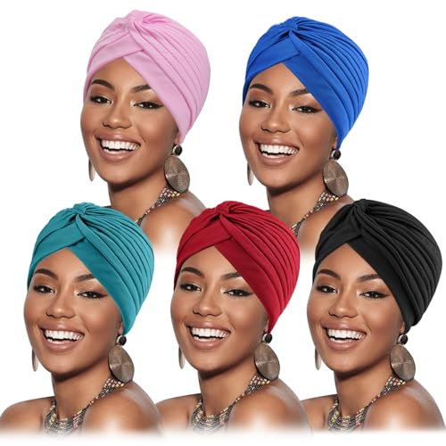 DRESHOW 5 Stücke Afrikanischen Turban für Damen Soft Vorgebunden Knot Mode Plissee Turban Hut Mütze Kopfwickel Schlafmütze