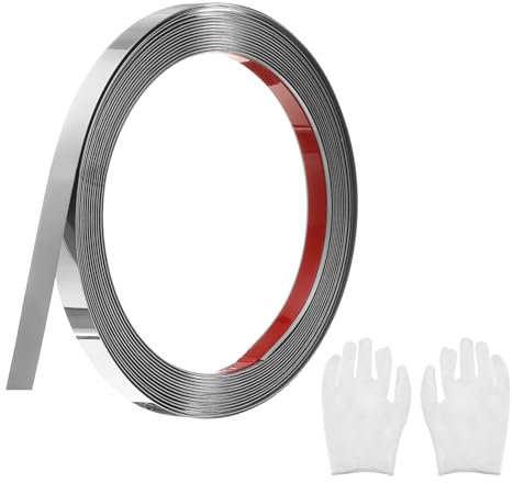 QUARKZMAN Baguette de Moulure en Acier Inoxydable Auto-Adhésive, Argent Brossé à Coller, avec Gant, Moulure Décorative pour Miroir Mural, Décoration Intérieure, 0,4 Pouce x 16,4 Pieds