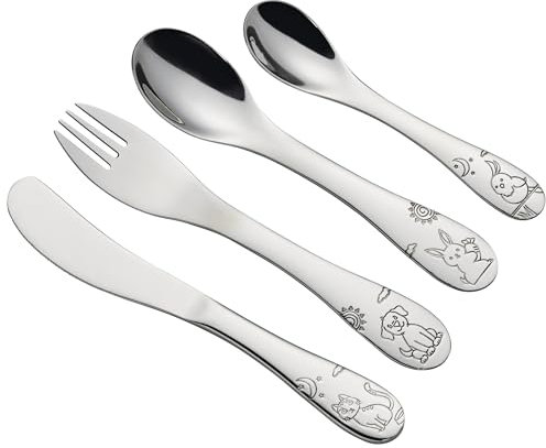 cilio Kinderbesteck LITTLE FRIENDS | 4-teilig | Rostfreier Edelstahl | Ergonomische Form | Kindermesser 21 cm, Kindergabel 21 cm, Kinderlöffel 20 cm, kleiner Löffel 17 cm | Tiermotive eingraviert