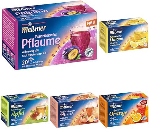 Meßmer Ländertee | 5 x 20 Teebeutel | Pflaume, Limone, Orange, Pfirisch, Apfel | Glutenfrei | Laktosefrei | Vegan