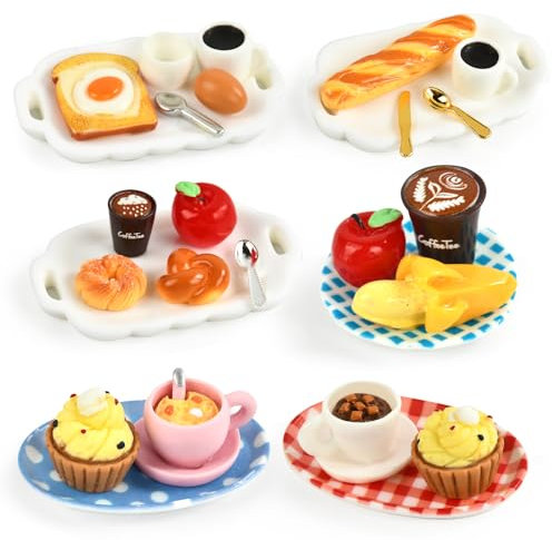 Miniatur Essen und Trinken, 1/12 Miniatur Lebensmittel Puppenhaus Zubehör, Harz Lebensmittel Spielzeug Set mit Brot Getränke Backen Kuchen Eier Kaffee Donuts, Miniatur Küche Zubehör Wichtel Zubehör
