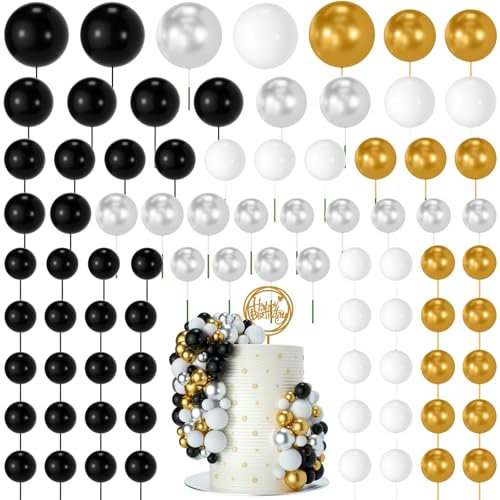 NACHLYNN 80 Pcs Cake Balls Decorations Mini Balloon Cake Topper Balls Foam Cupcake Toppers Balls for Cake Decorating Birthday Parties Weddings Anniversary (Black Silver Gold Series)