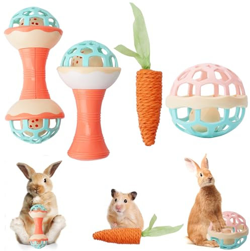 FIDWALL 4 Stück Bell Ball Kaninchenspielzeug Set mit Karotten Kauspielzeug,Geeignet für kleine Haustiere,sicher,langlebig und unterhaltsam zum Spielen im Innen und Außenbereich
